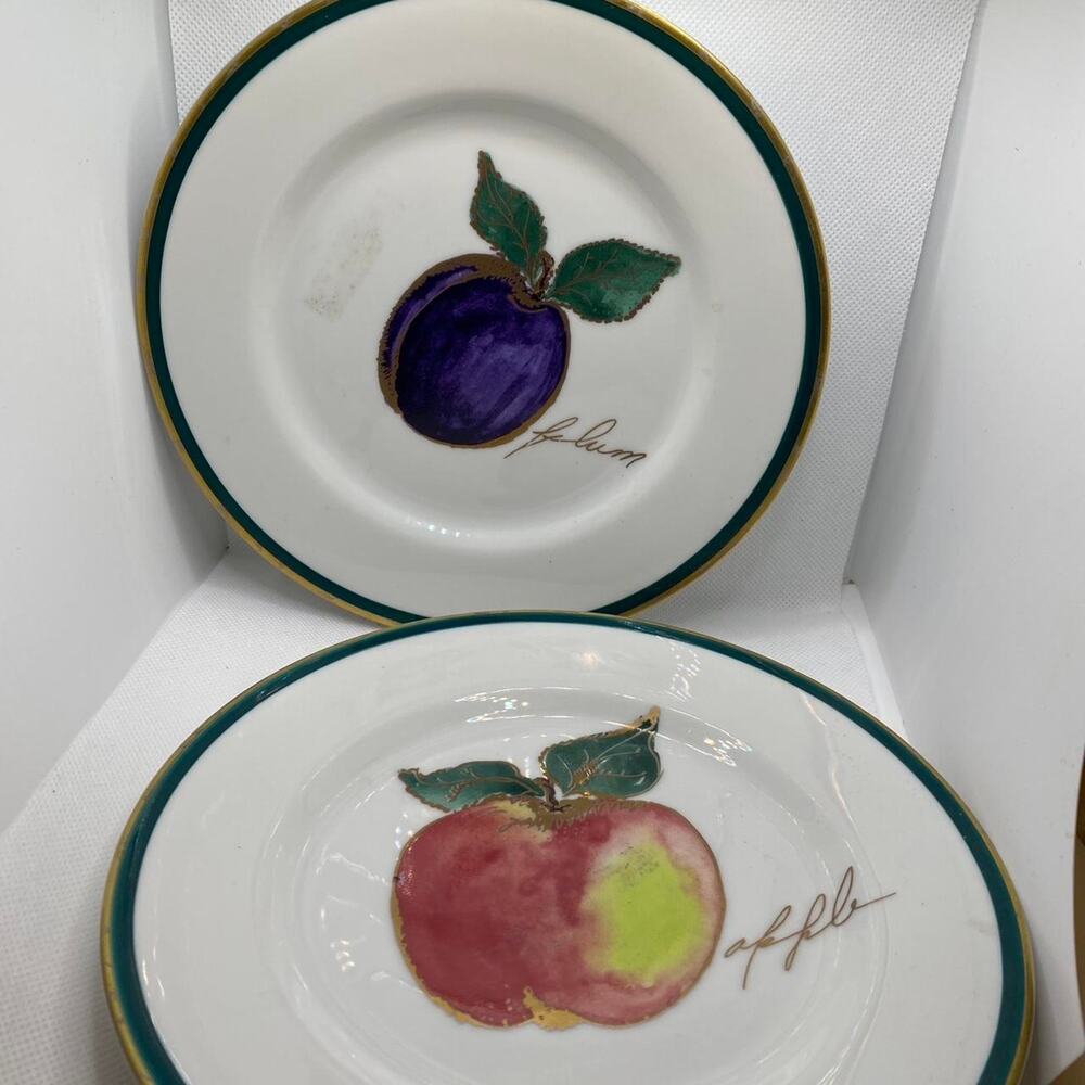 Crate & Barrel Monno Bangladesh Fruit Salad Plates Set of 2 Apple Plum Gold Trim